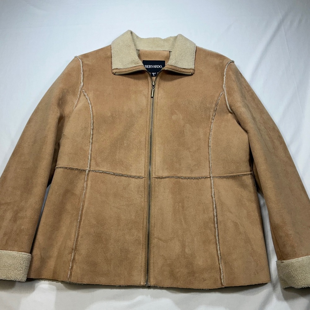 BERNARDO Womens Tan Faux Suede Sherpa Lined‎ Zip Up Jacket Size L